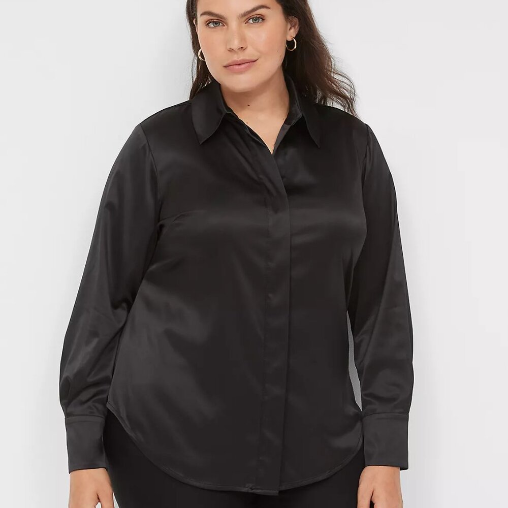 Lane Bryant Women's Black Satin Curve Long Sleeve Button-Front Shirt Size 18/20